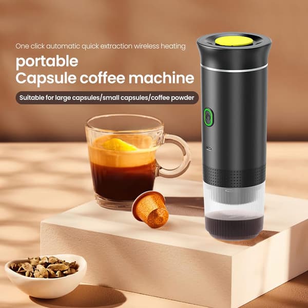 Portabel Kaffemaskin för Resor, Uppladdningsbar 12 V, Snabb Uppvärmning, K-Cup och Malt Kaffe