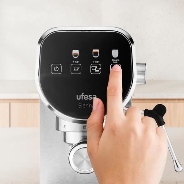 Ufesa Sienna Espressomaskin och Cappuccino 20 Bar, Digital Pekskärm, 1360W, Mjölkskummare, 0.9L, Malet Kaffe och