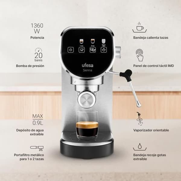 Ufesa Sienna Espressomaskin och Cappuccino 20 Bar, Digital Pekskärm, 1360W, Mjölkskummare, 0.9L, Malet Kaffe och