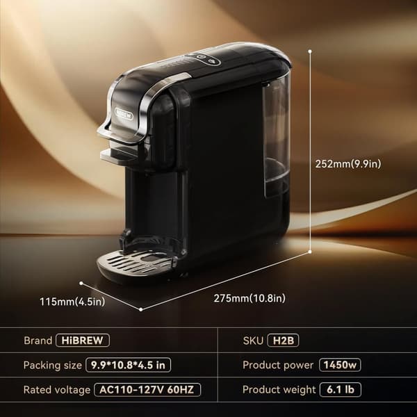 Hibrew H2B 5-i-1 kapselmaskin, 19 bar, med vattennivåmarkering, 600 ml vattentank