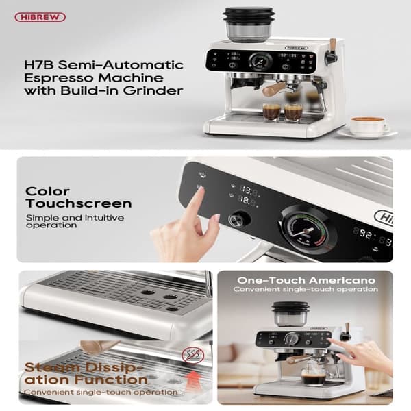 HiBREW H7B Espressomaskin med kvarn, NOMINERAD EFFEKT 2800 W, 20 barer, 2,8 liters kapacitet