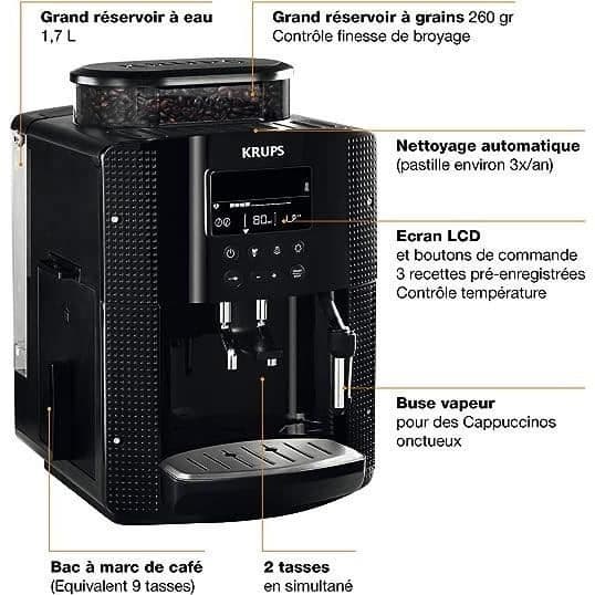 KRUPS kaffebönmaskin, 1,7 l, espressomaskin, ångmunstycke för cappuccino, 2 koppar samtidigt, Essential YY8135FD