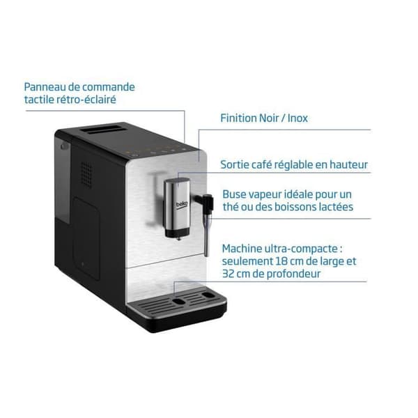Automatisk kvarn espressomaskin - BEKO CEG5311X - Svart / Rostfritt stål - Ultrakompakt - 1350 W / 15 barer