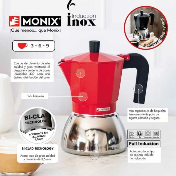 MONIX induktion i rostfritt stål | Italiensk kaffebryggare aluminium och rostfritt stål, 6 koppar, värmebeständigt handtag, lätt att