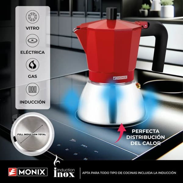 MONIX induktion i rostfritt stål | Italiensk kaffebryggare aluminium och rostfritt stål, 6 koppar, värmebeständigt handtag, lätt att