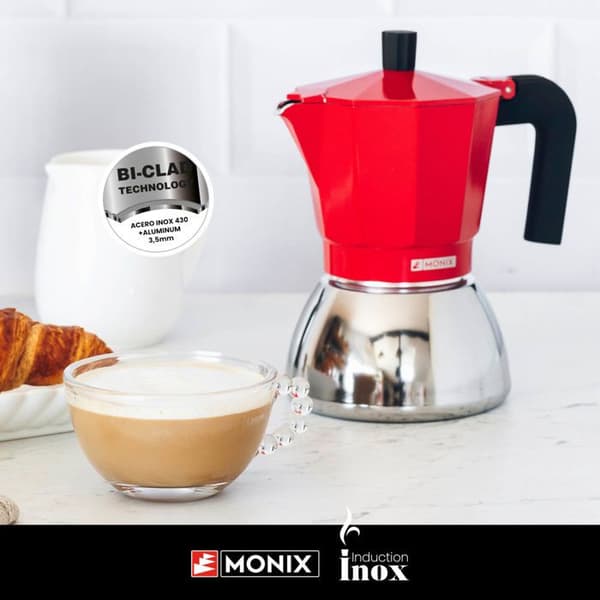 MONIX induktion i rostfritt stål | Italiensk kaffebryggare aluminium och rostfritt stål, 6 koppar, värmebeständigt handtag, lätt att
