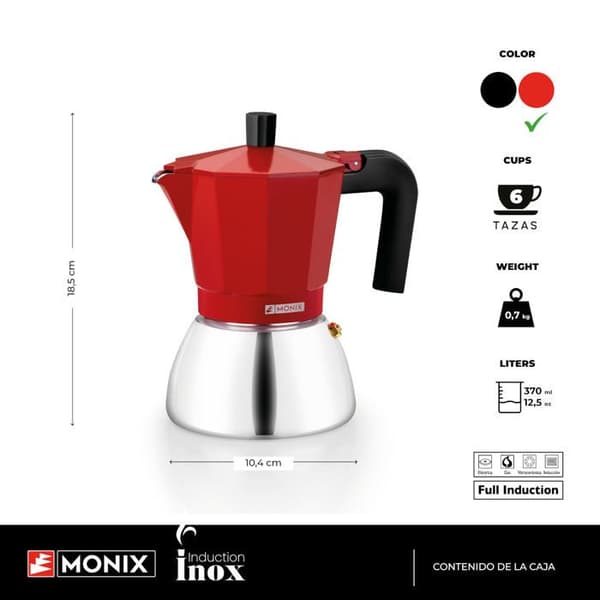 MONIX induktion i rostfritt stål | Italiensk kaffebryggare aluminium och rostfritt stål, 6 koppar, värmebeständigt handtag, lätt att