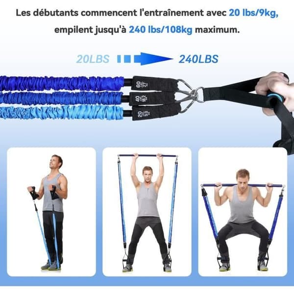 Hommie Pilates Bar Kit med 6 latex elastiska motståndsband - 3 sektion Pilates Bar för Yoga, Stretching, Squat