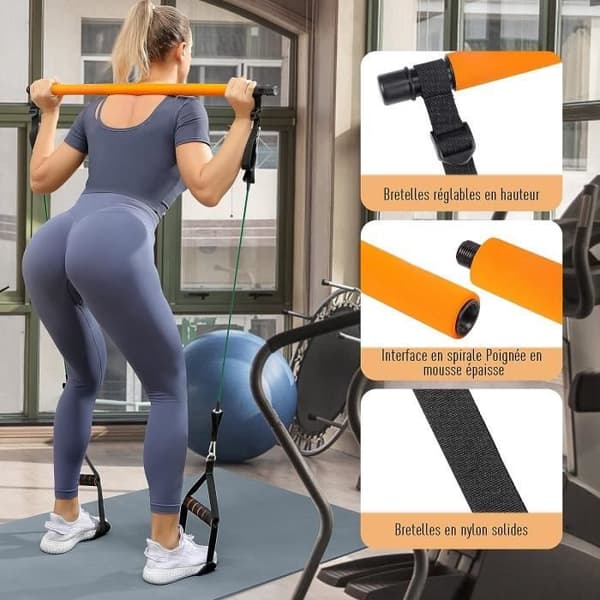 Hommie Pilates Bar Kit med 6 latex elastiska motståndsband - 3 sektion Pilates Bar för Yoga, Twist, Squat