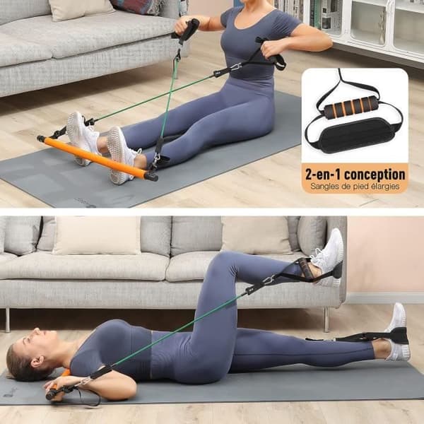 Hommie Pilates Bar Kit med 6 latex elastiska motståndsband - 3 sektion Pilates Bar för Yoga, Twist, Squat