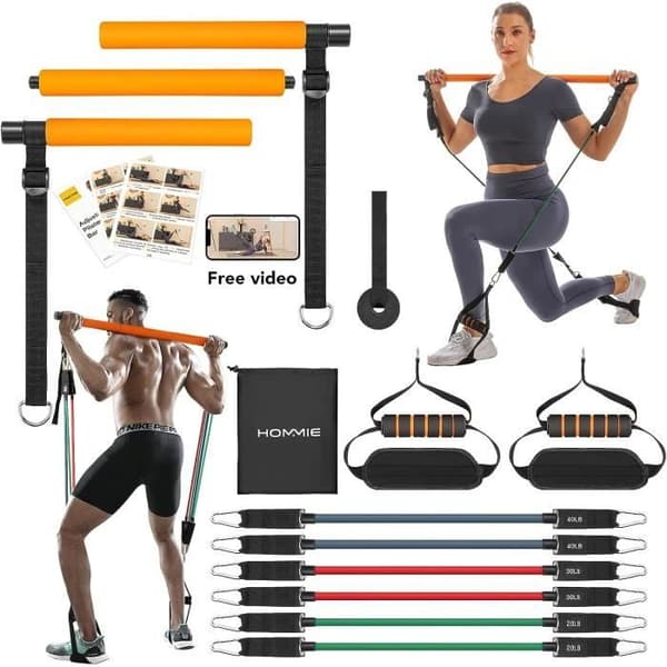 Hommie Pilates Bar Kit med 6 latex elastiska motståndsband - 3 sektion Pilates Bar för Yoga, Twist, Squat