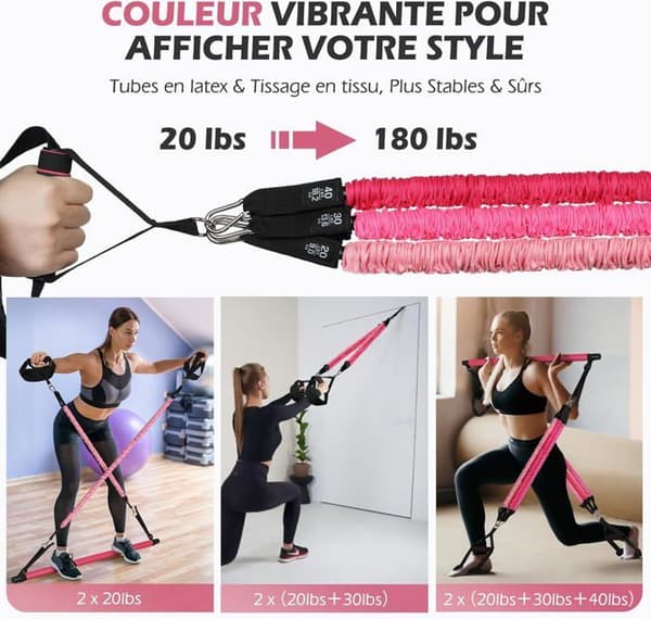 Pilates Bar Kit med 6 elastiska motståndsband 30-360 LBS, Elastic Bodybuilding Kit för män och kvinnor, Yoga Fitness