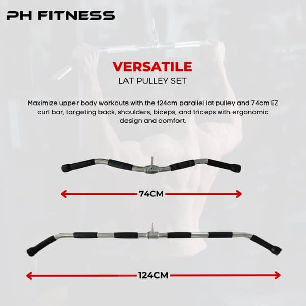 PH Fitness Stångset – 6 Fästen för Trissystem inkl. Latstänger, Curlstång & Roddhandtag för Hemmagym
