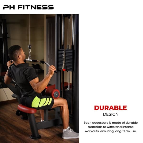 PH Fitness Stångset – 6 Fästen för Trissystem inkl. Latstänger, Curlstång & Roddhandtag för Hemmagym