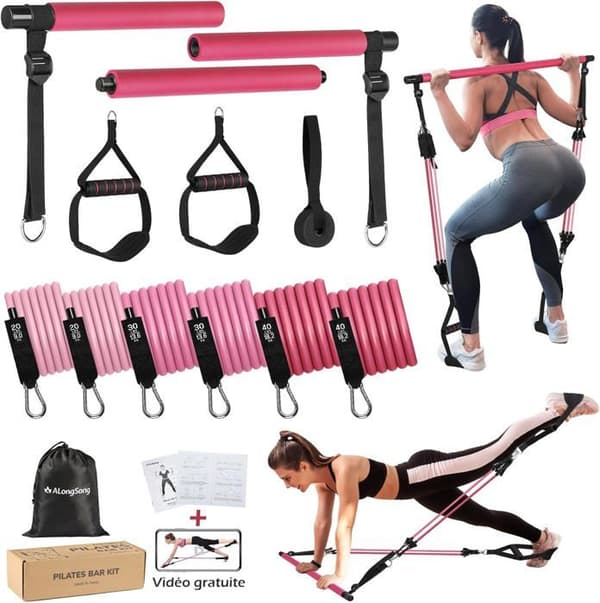 Elastisk muskelträningsstång med Pilates och 6 motståndsbands 180Lbs eller 140Lbs, justerbar dörrankare för träning