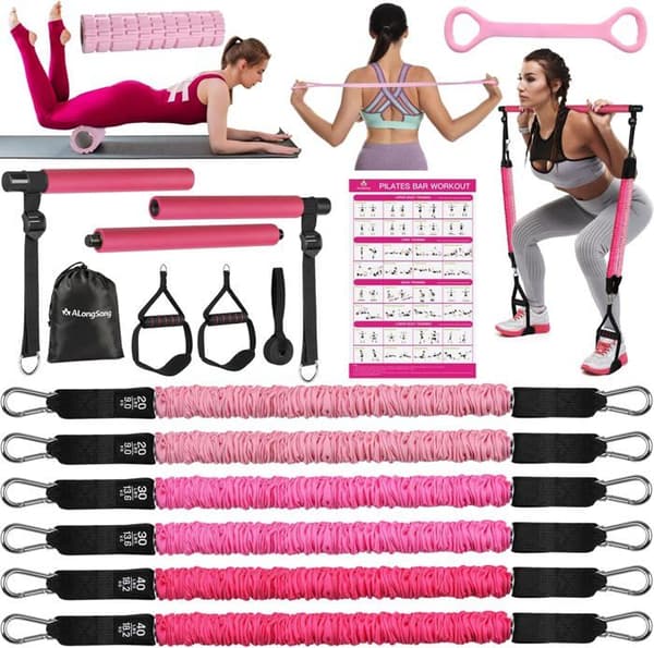Kit för elastisk muskelträning med Pilates-stång och 6 elastiska band 20-180LBS justerbar längd &amp; dörrankare för fitness yoga