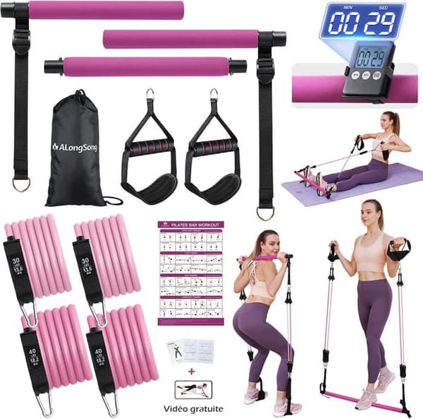 Elastisk muskelträning pilatesstång med motståndsband 40-180 lbs eller 30-140 lbs och timer, för fitness yoga knäböj