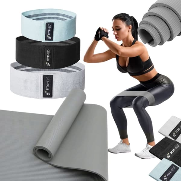 Resårbandsmaterial för fitnessövningar + matta