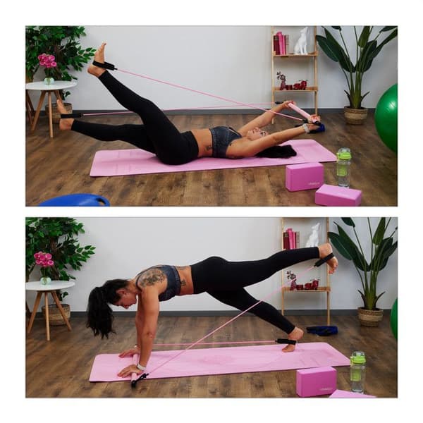 Relaxdays pilatesstång med 2 motståndsband med öglor för fötterna, pilateskit, rosa