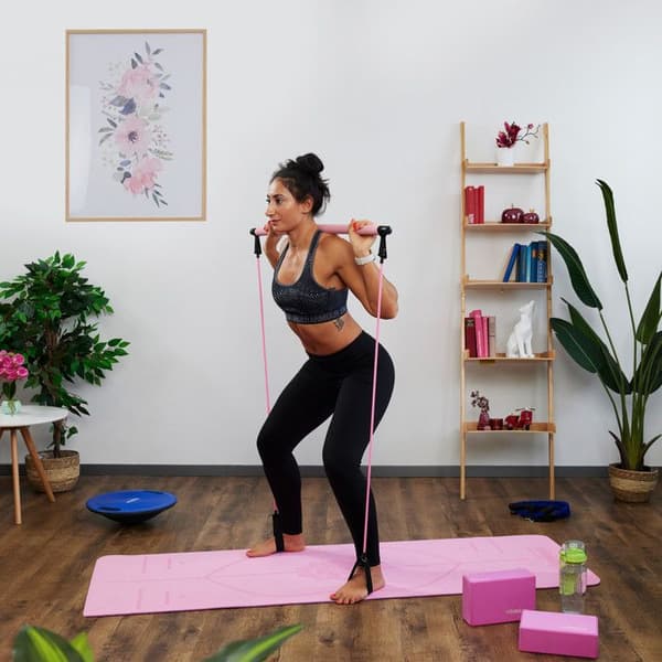 Relaxdays pilatesstång med 2 motståndsband med öglor för fötterna, pilateskit, rosa