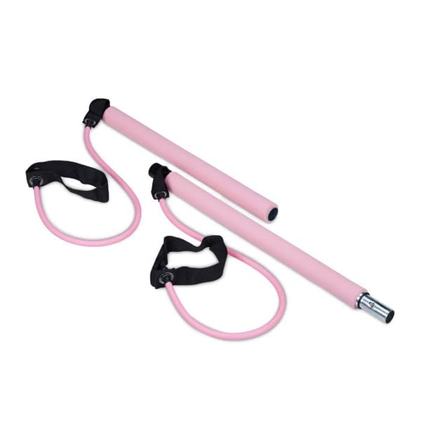 Relaxdays pilatesstång med 2 motståndsband med öglor för fötterna, pilateskit, rosa