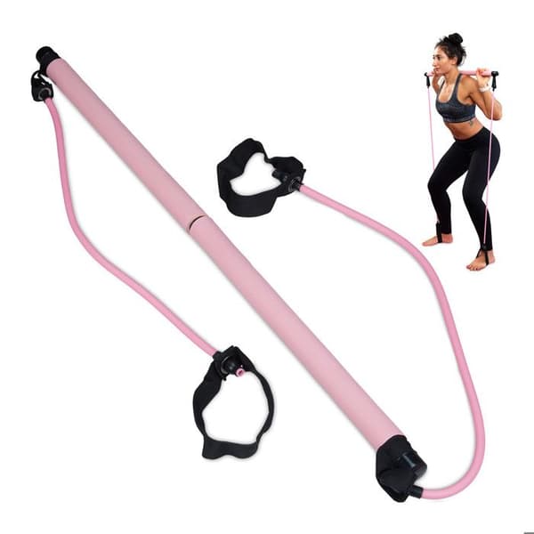 Relaxdays pilatesstång med 2 motståndsband med öglor för fötterna, pilateskit, rosa
