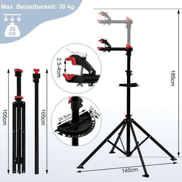 Rootz Bike Repair Stand - Cykelarbejdsstativ - Vedligeholdelsesstativ - Aluminium - Justerbar højde - Stabil firkantet struktur - 185cm x 39cm x 140cm