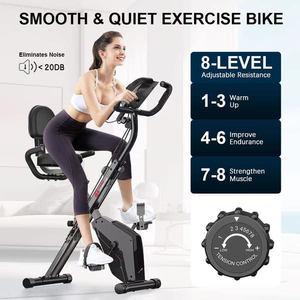 3 I 1 foldet træningscykel, magnetisk x-cykel liggende fitnesscykel med 8-niveau justerbar modstand til træning i gymnastiksalen