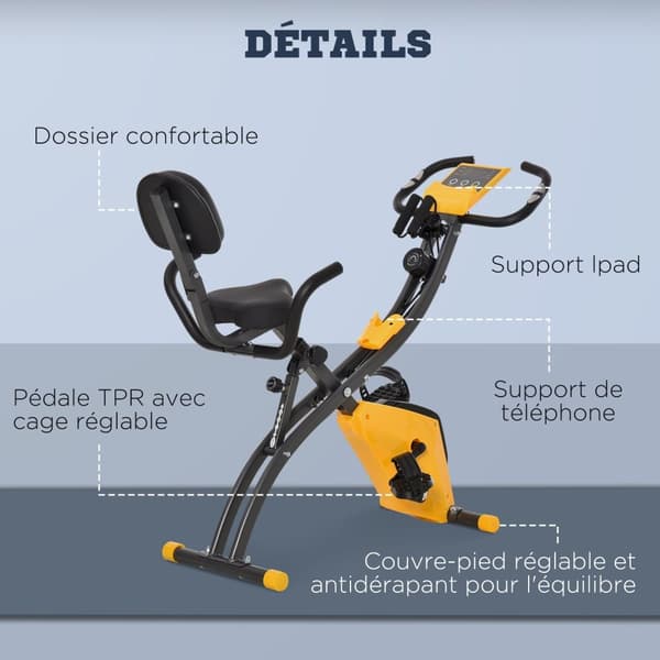 Rootz Foldbar øvelsescykel - Stationær cykel - Fitnesscyklus - 8 niveauer Magnetisk modstand - 105 cm x 48 cm x 118 cm - Stål - Gulgrå