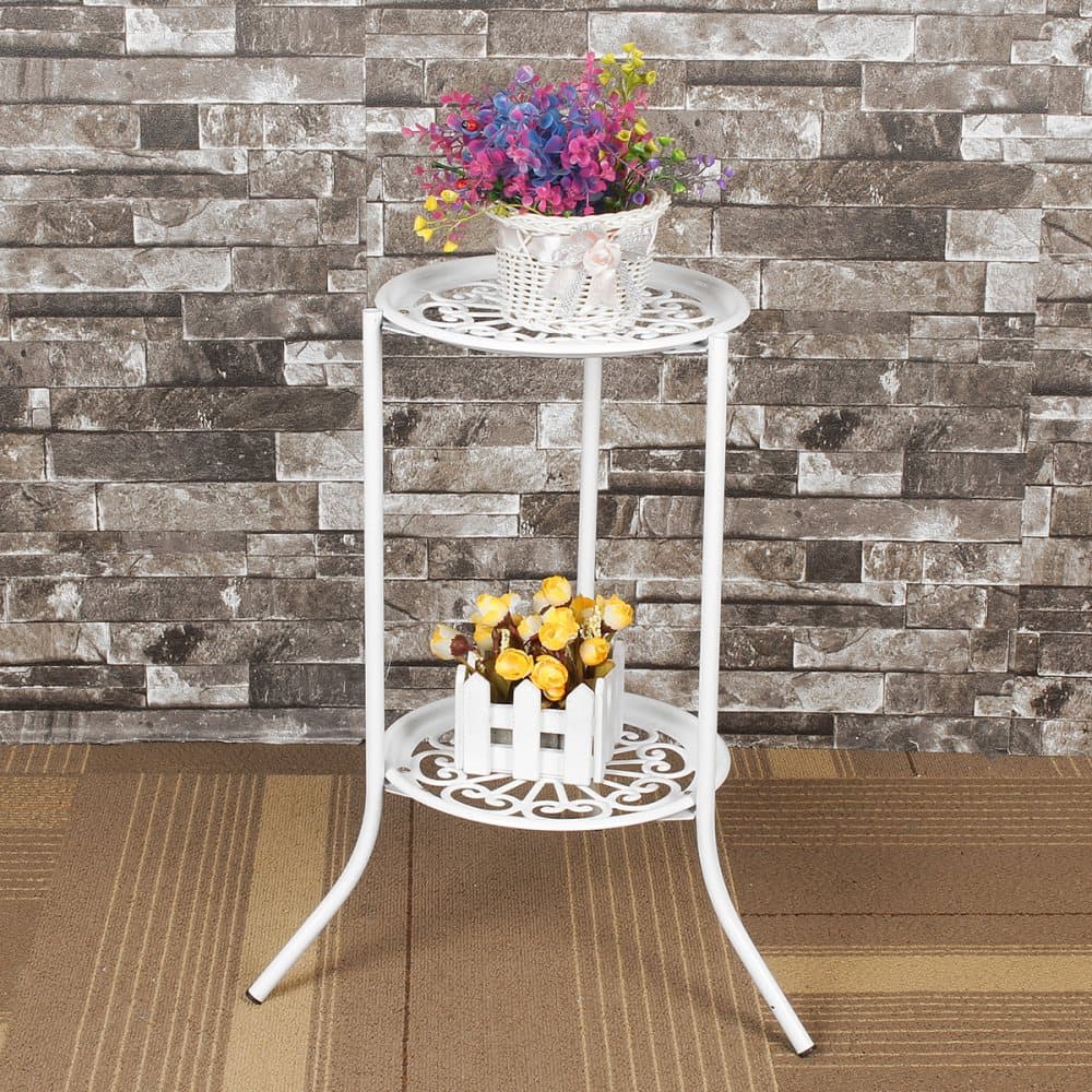 Två-lagers Elegant Metall Plant Stand Hylla Blomkrukställ Hållare Svart Vit