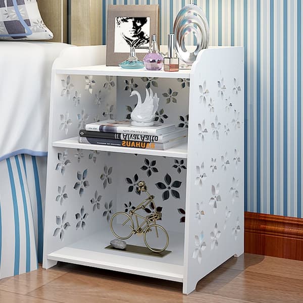 Trä snidade blomma sovrum sängbord rack Nattduksbord skåp Organizer(M 40x30x50cm)