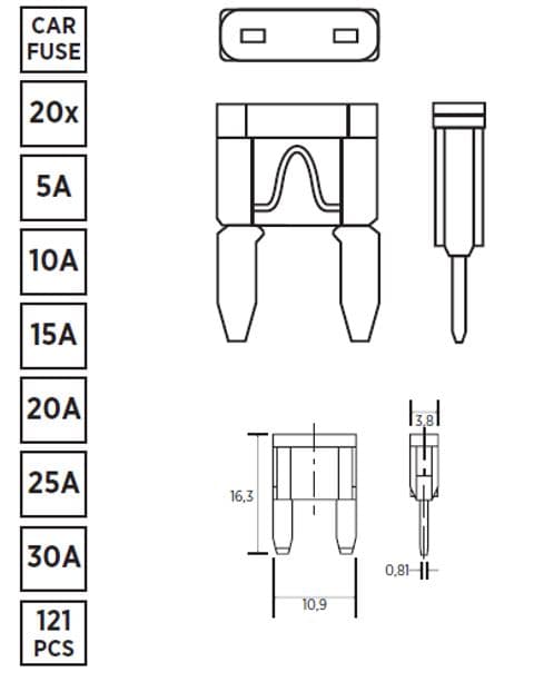 ROOKS MINI SIKRINGSSÆT, 121 DELE: 5A, 10A, 15A, 20A, 25A, 30A