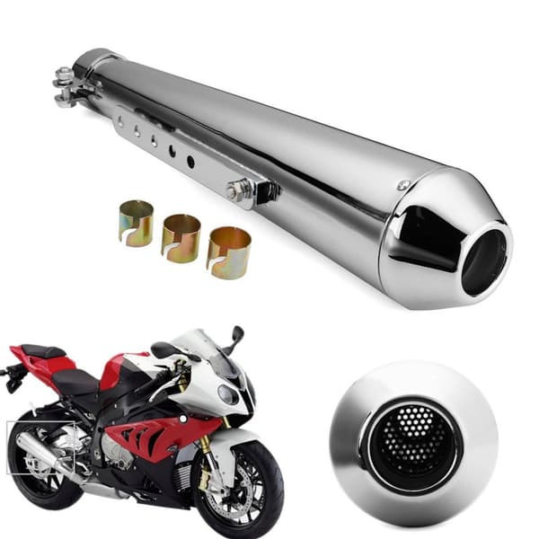 Universal Motorcykel Avgasdämpare – Silver, 44.5cm, 3 Reduktionshylsor (35/39/43mm)