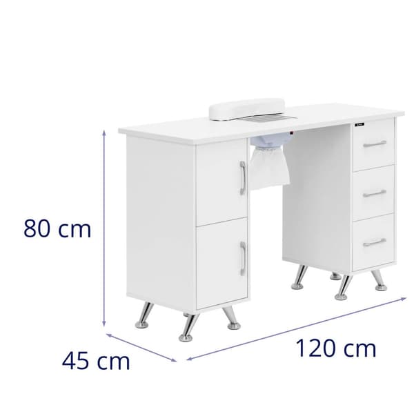 Nagelbord - Med utsug - Vitt / silver - 3 lådor - Handhylla - physa