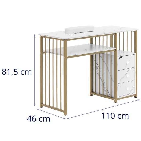 Nagelbord - Med utsug - Järnram - Marmorerat / gyllene - 3 lådor - Handstöd - physa