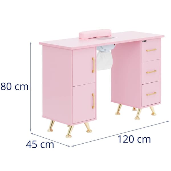 Nagelbord - Med utsug - Rosa / gyllene - 3 lådor - Handhylla - physa