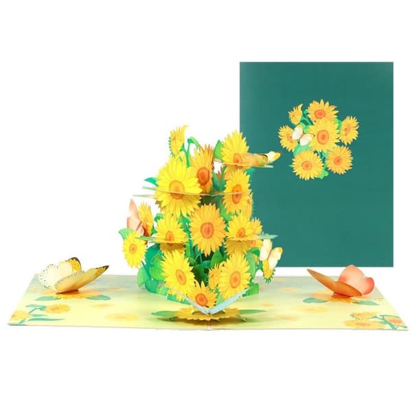 3D Pop-up-hälsningskort med blommor - solrosor och fjärilar