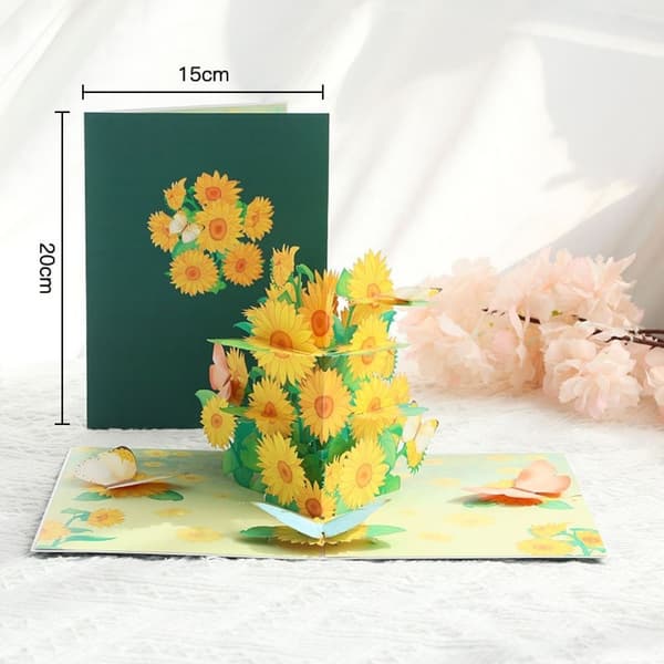 3D Pop-up-hälsningskort med blommor - solrosor och fjärilar