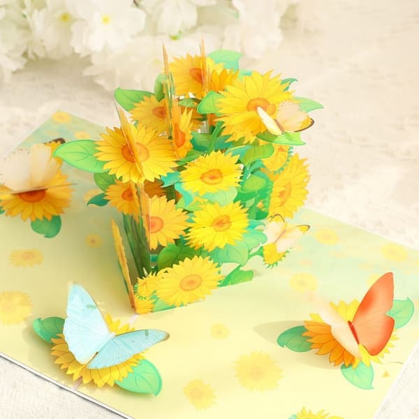3D Pop-up-hälsningskort med blommor - solrosor och fjärilar