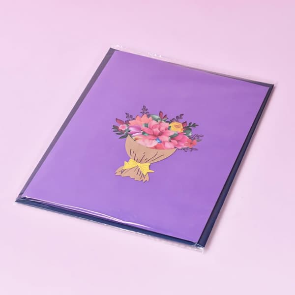 3D Pop-up Blommor Gratulationskort - Rosa Bukett