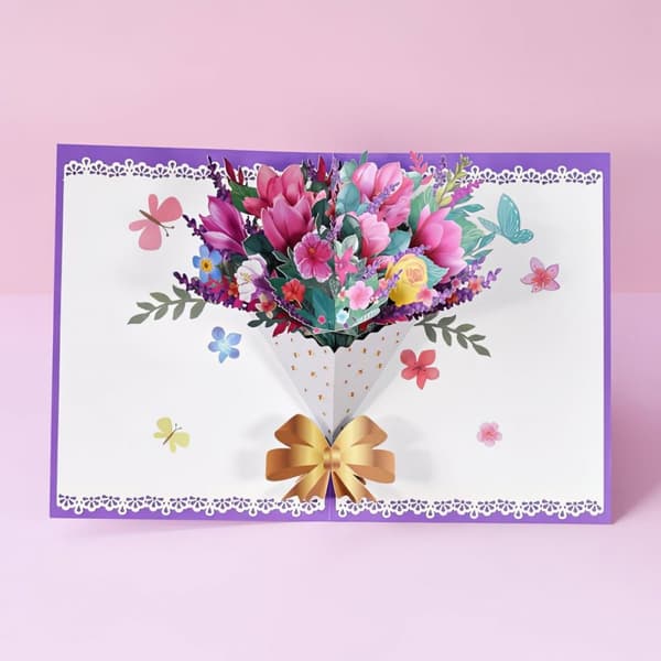 3D Pop-up Blommor Gratulationskort - Rosa Bukett