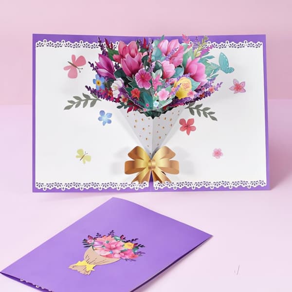 3D Pop-up Blommor Gratulationskort - Rosa Bukett