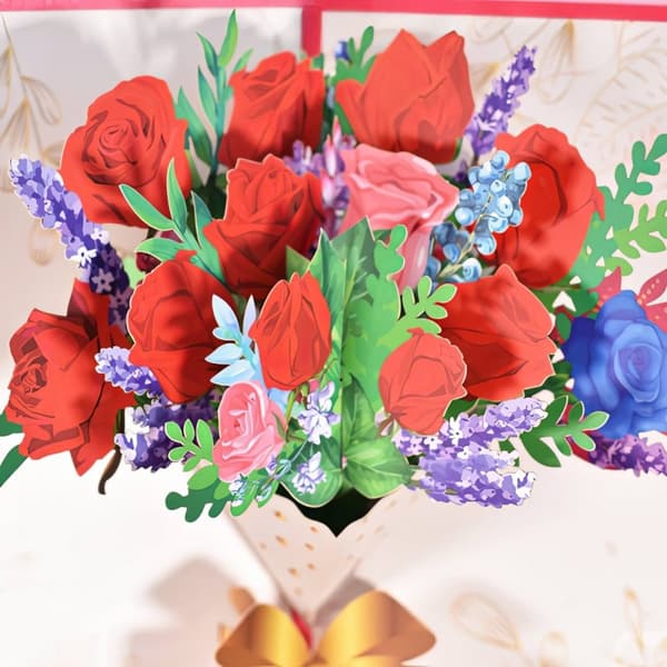 3D Pop-up Blommor Gratulationskort - Röd Rosbukett