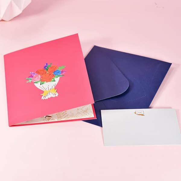 3D Pop-up Blommor Gratulationskort - Röd Rosbukett