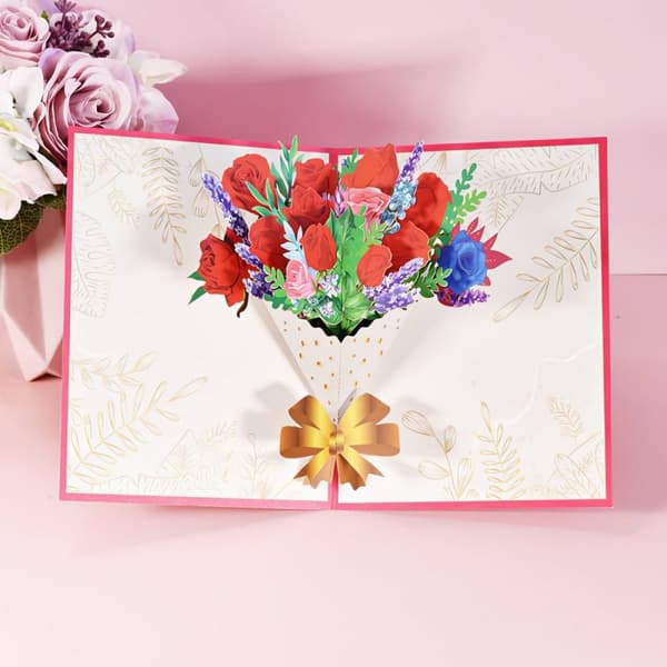 3D Pop-up Blommor Gratulationskort - Röd Rosbukett