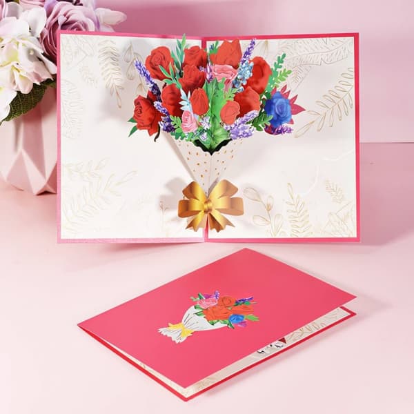 3D Pop-up Blommor Gratulationskort - Röd Rosbukett