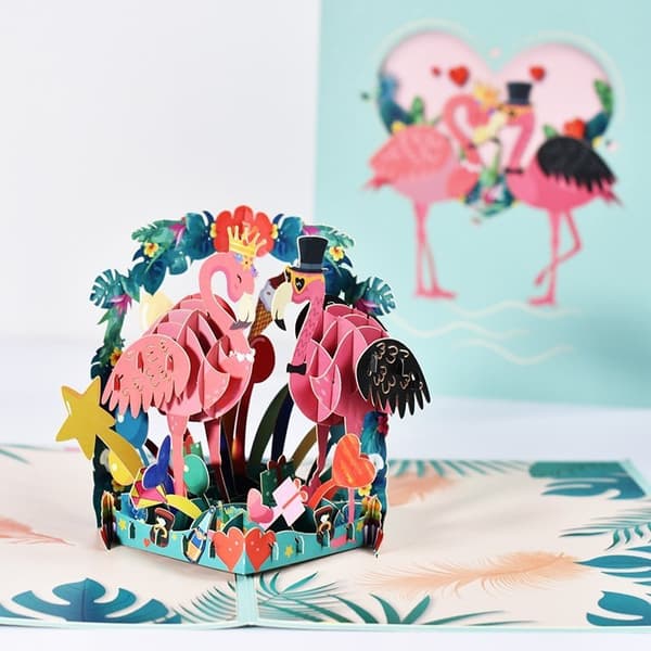 3D Pop-up-hälsningskort Glada flamingos