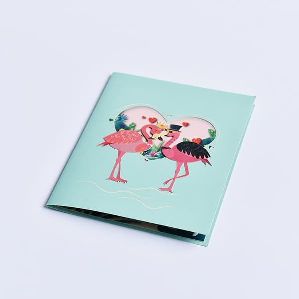 3D Pop-up-hälsningskort Glada flamingos
