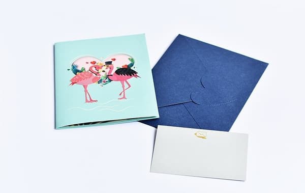 3D Pop-up-hälsningskort Glada flamingos