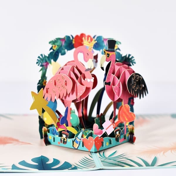 3D Pop-up-hälsningskort Glada flamingos